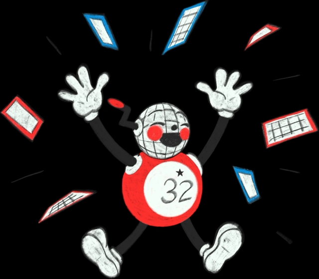 Music bingo mascot celebrating successful bingo game