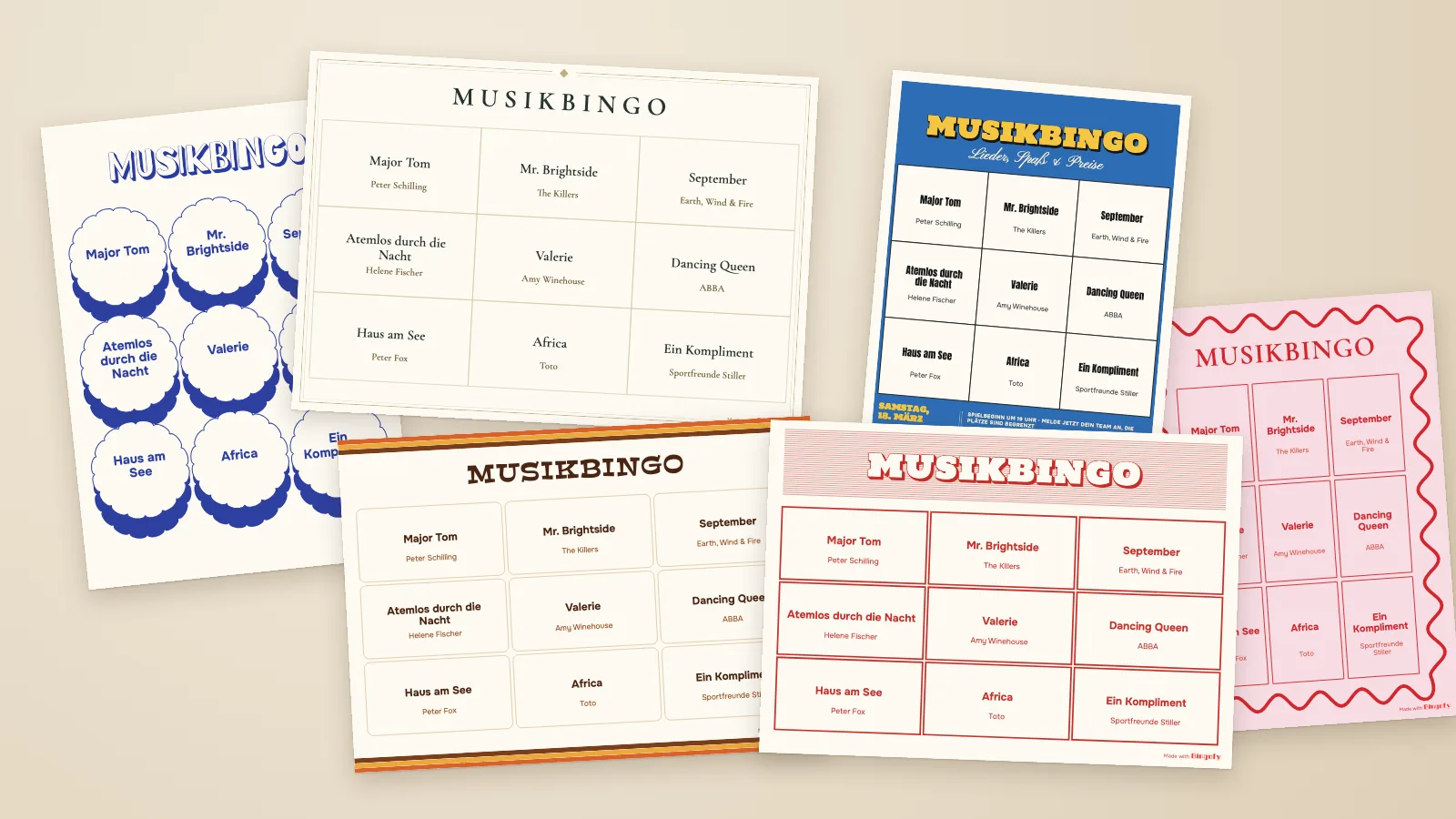 Sechs eigene Musikbingo-Kartendesigns, gestaltet mit dem Karten-Editor von Bingofy