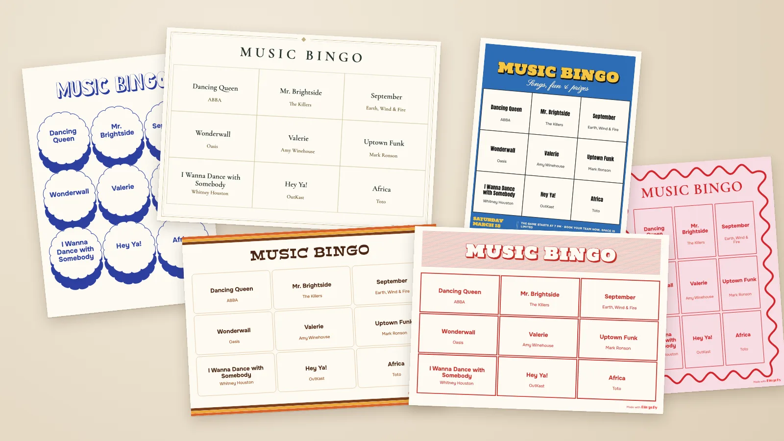 Six custom music bingo card designs made with the Bingofy card editor