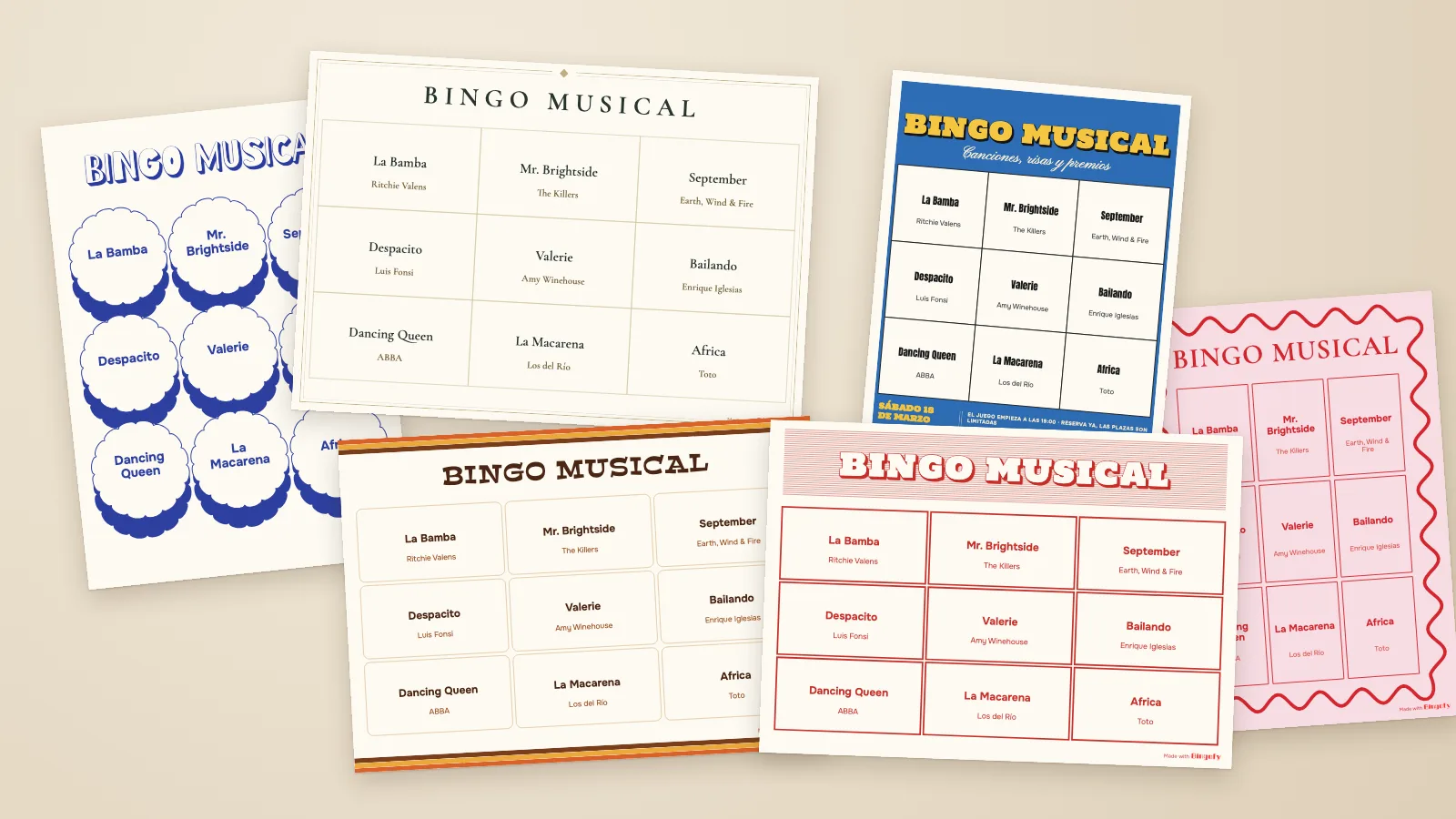 Seis diseños de cartones de bingo musical personalizados hechos con el editor de Bingofy