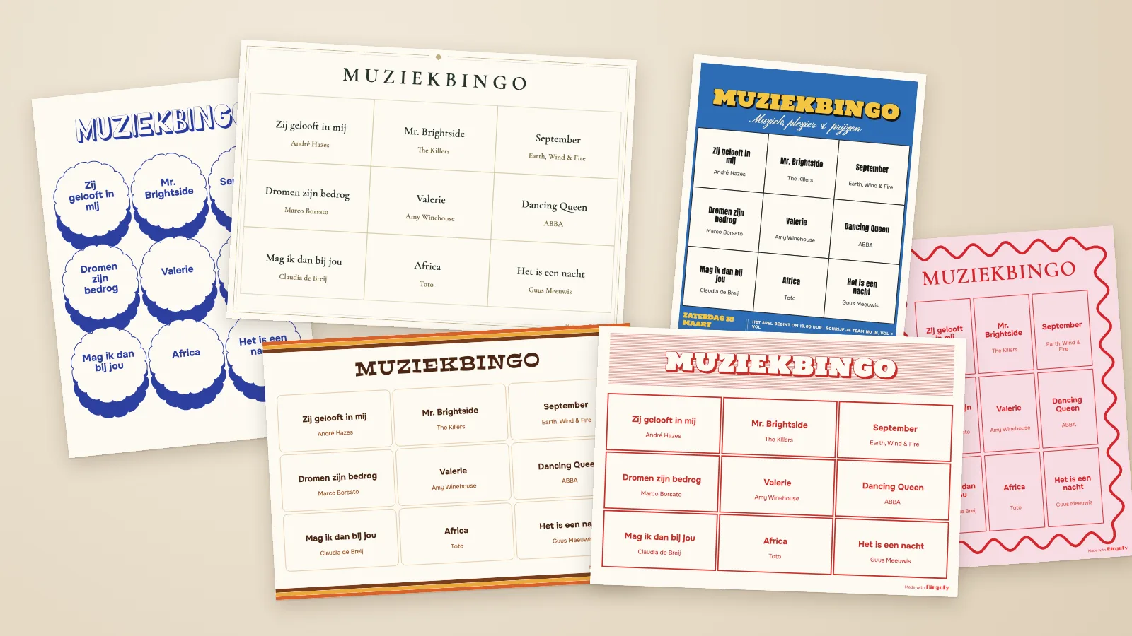 Zes eigen muziekbingokaarten, ontworpen met de kaarteditor van Bingofy