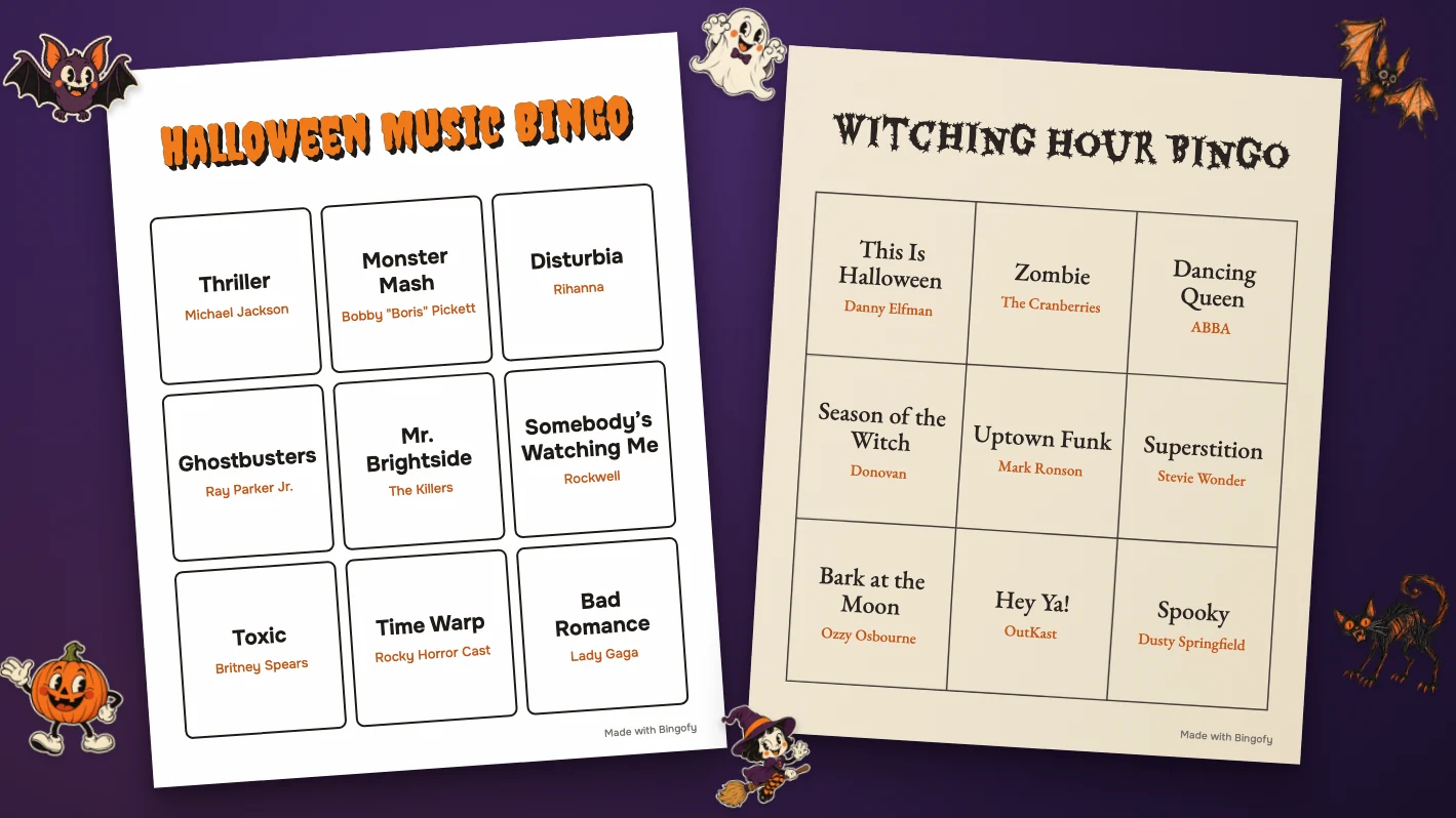 Two printed Halloween music bingo cards with Thriller, Monster Mash and Ghostbusters, surrounded by cartoon pumpkin, ghost and bat stickers