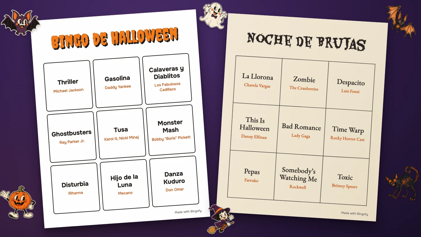 Dos cartones impresos de bingo musical de Halloween con Thriller, Gasolina y Calaveras y Diablitos, rodeados de pegatinas de calabaza, fantasma y murciélago