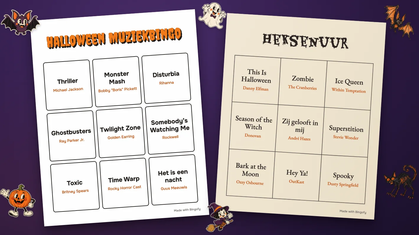 Twee geprinte Halloween-muziekbingokaarten met Thriller, Monster Mash en Twilight Zone, omringd door stickers van een pompoen, een spook en een vleermuis